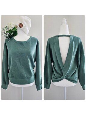 Green Twist Back Cropped Sweatshirt Soft Brushed Pullover Top Boho